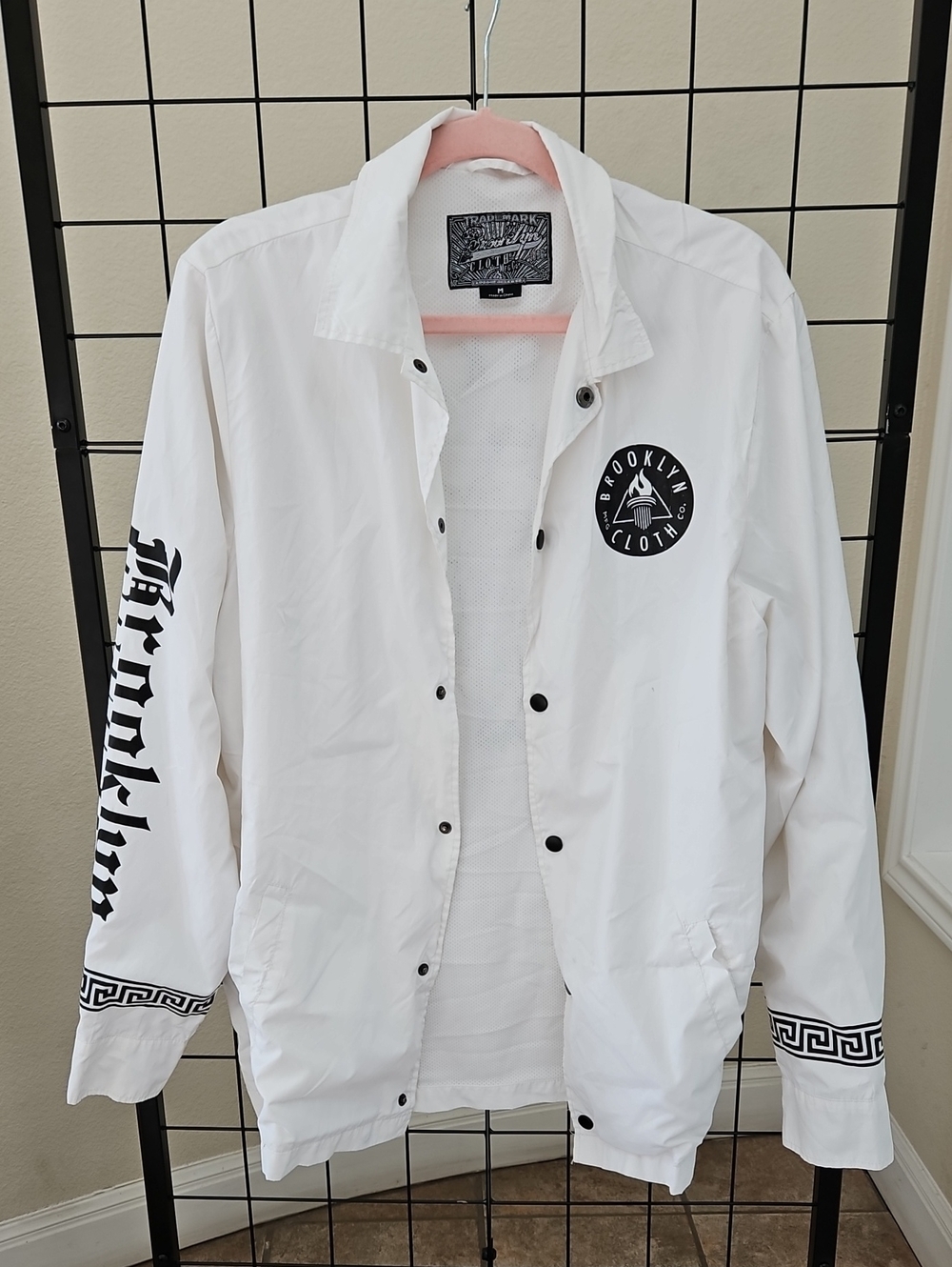 Brooklyn Cloth White Windbreaker Jacket with Black Logo & Sleeve Script